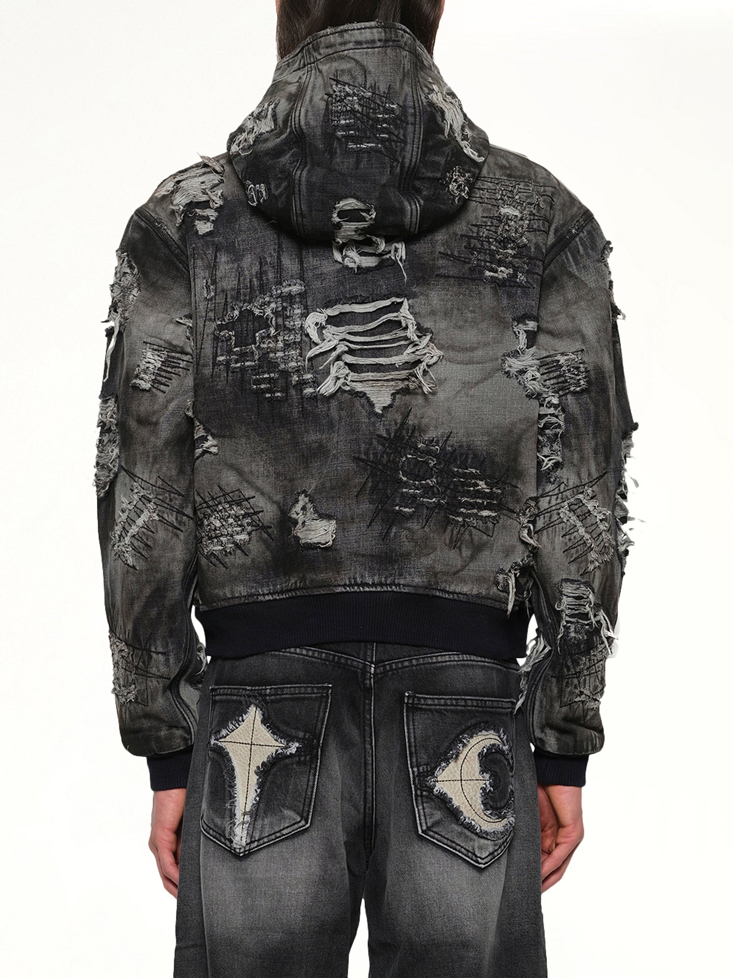 Hard-Washed Damaged Denim Hooded Zip-Up in Black