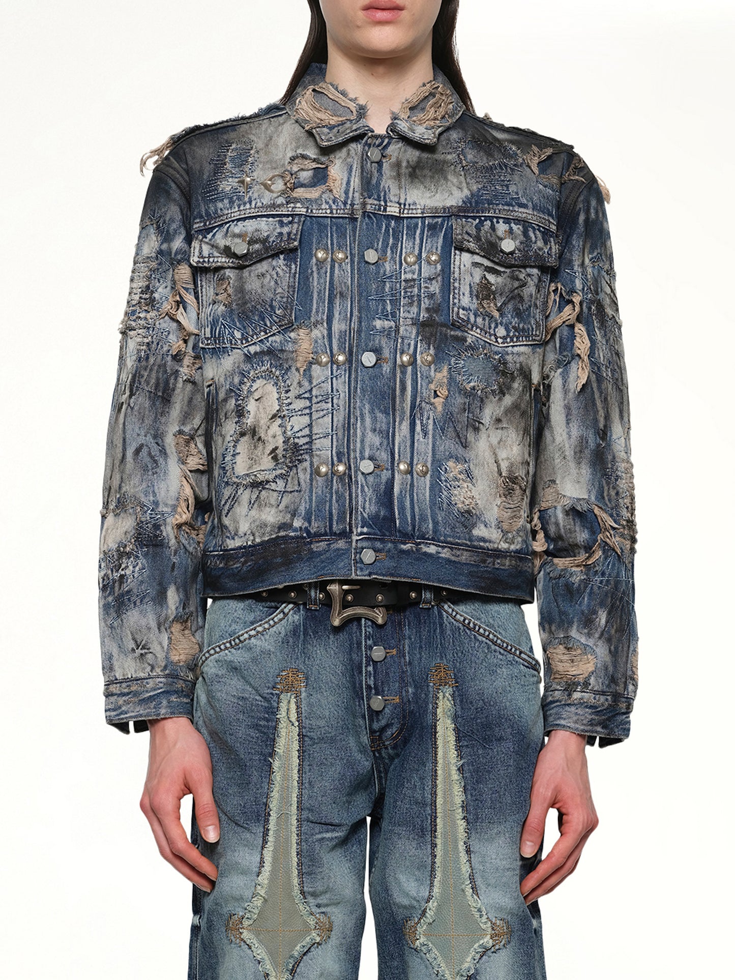 Hard-Washed Damaged Denim Jacket in Blue
