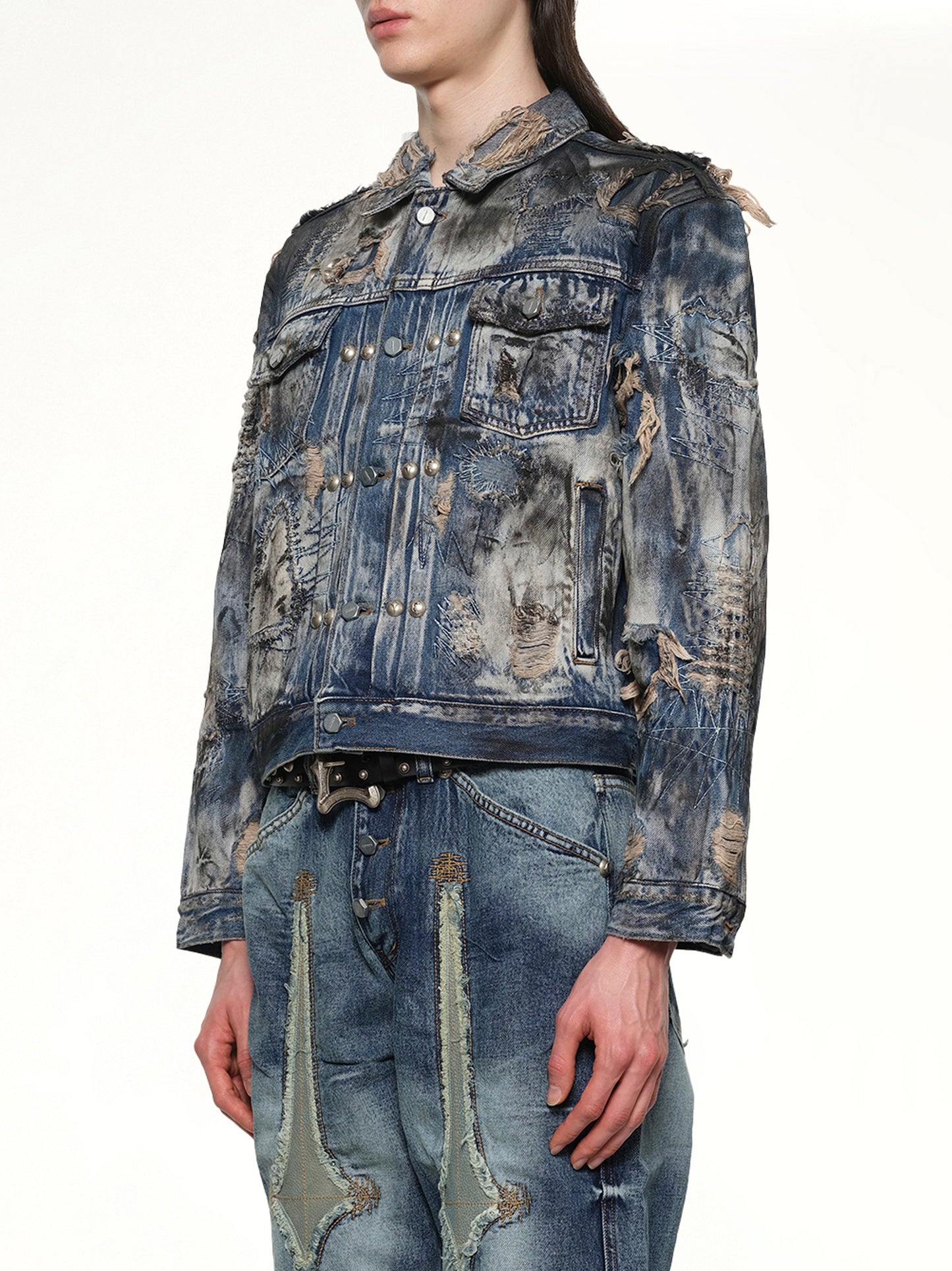 Hard-Washed Damaged Denim Jacket in Blue