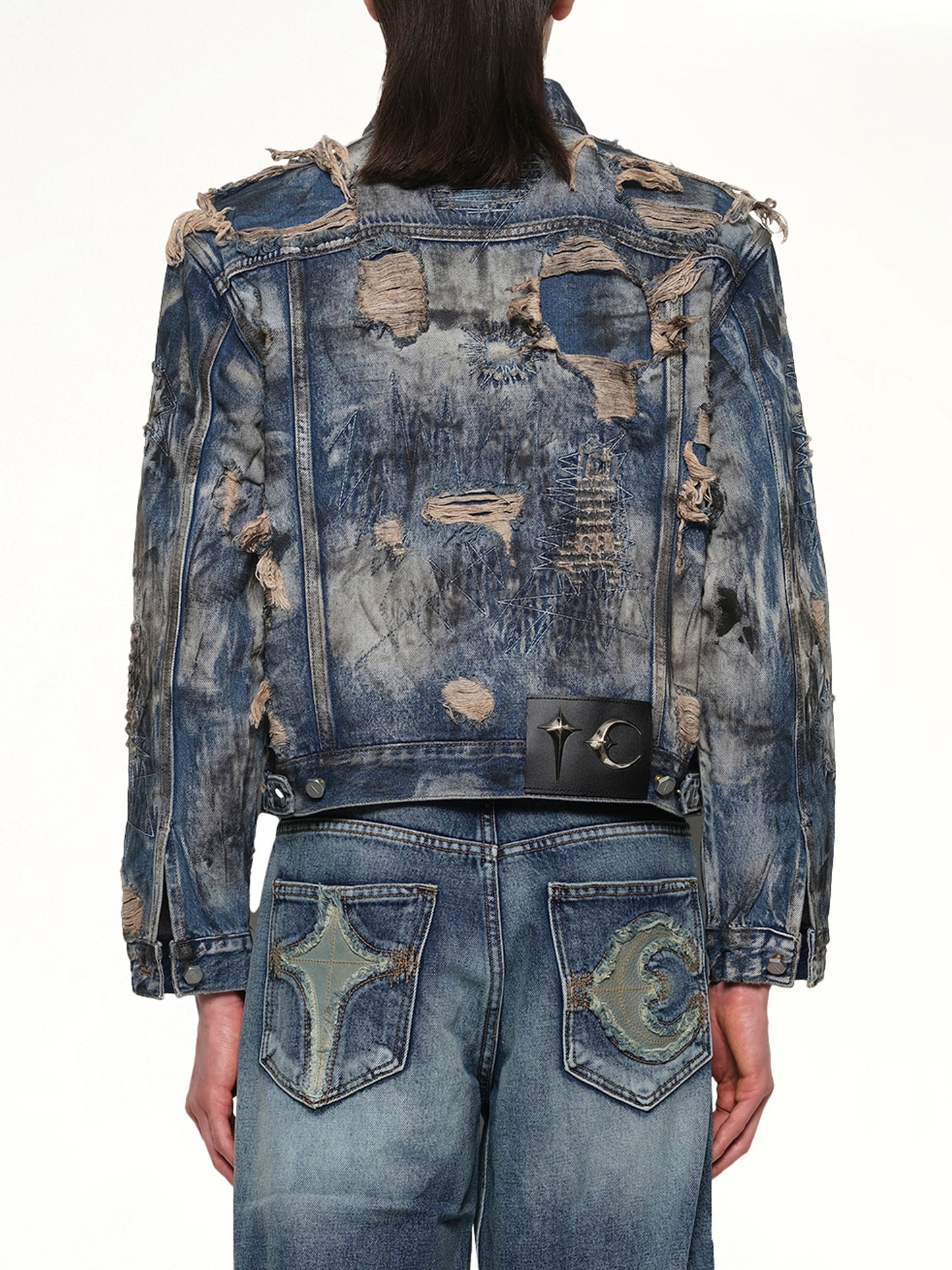 Hard-Washed Damaged Denim Jacket in Blue