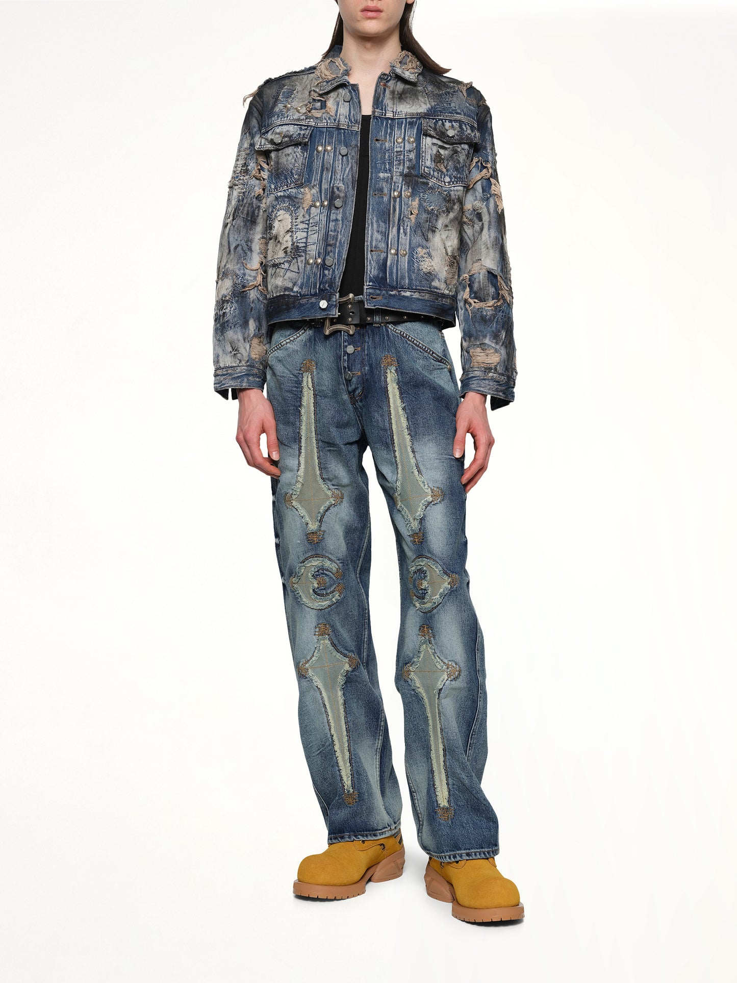 Hard-Washed Damaged Denim Jacket in Blue