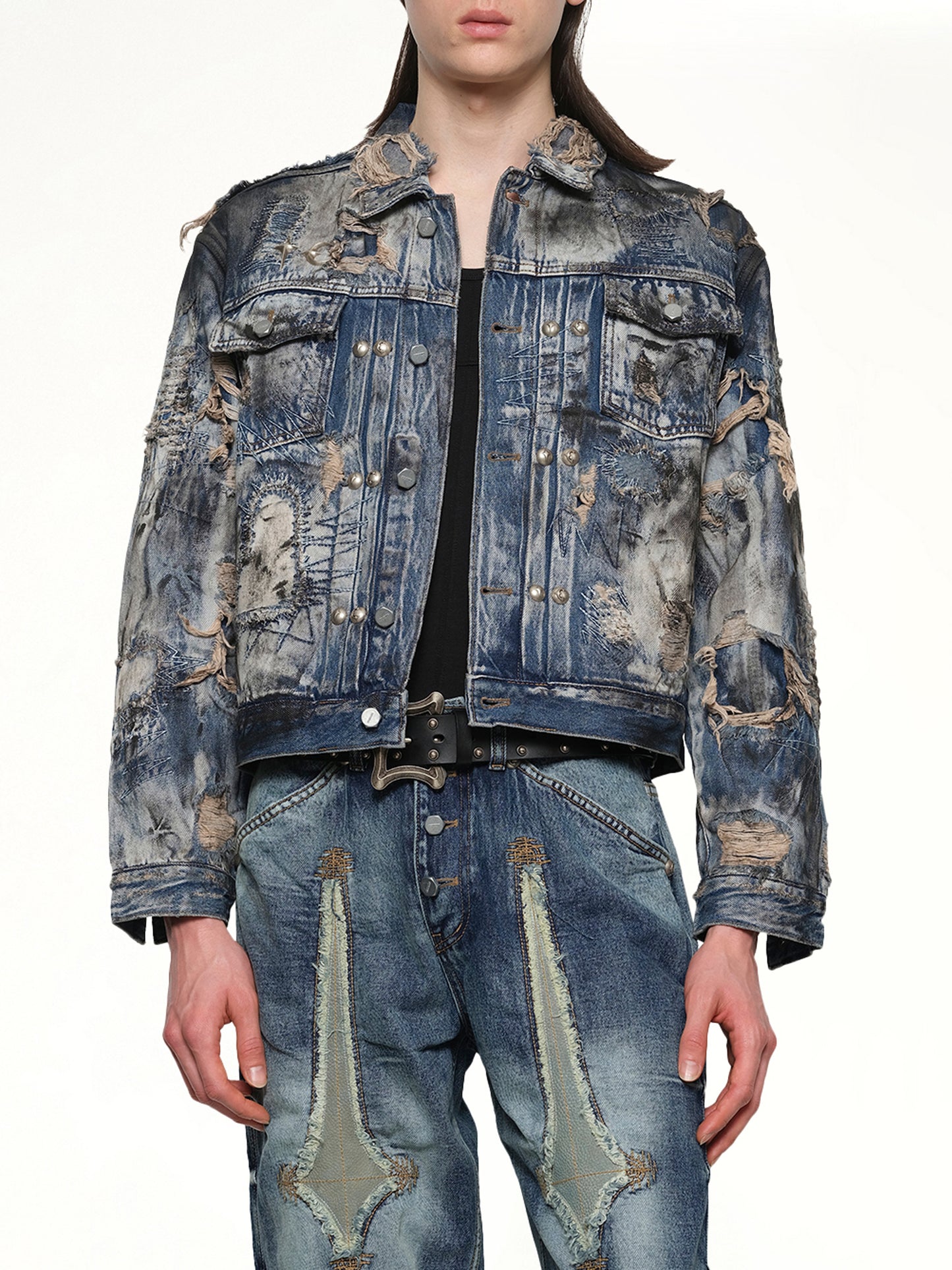 Hard-Washed Damaged Denim Jacket in Blue