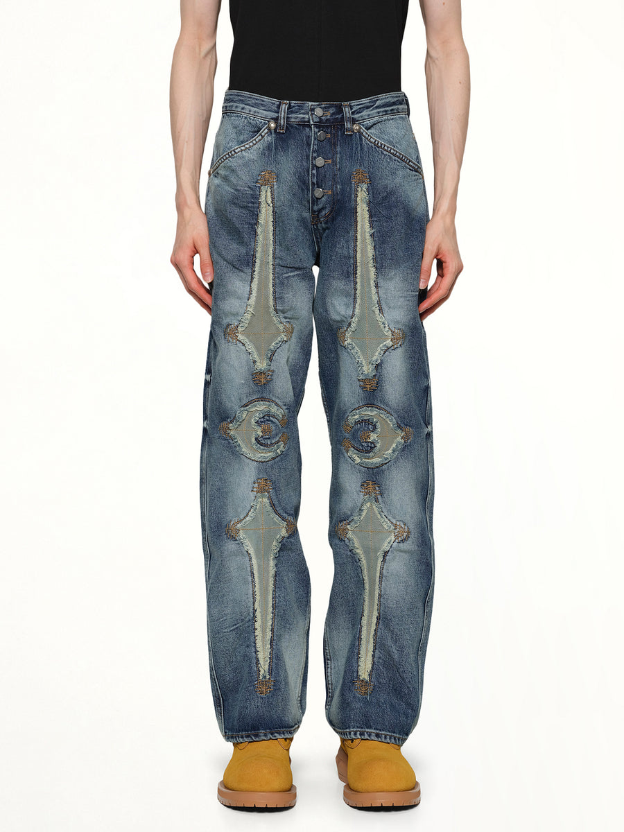 TC Bone Leather Denim Pants in Blue