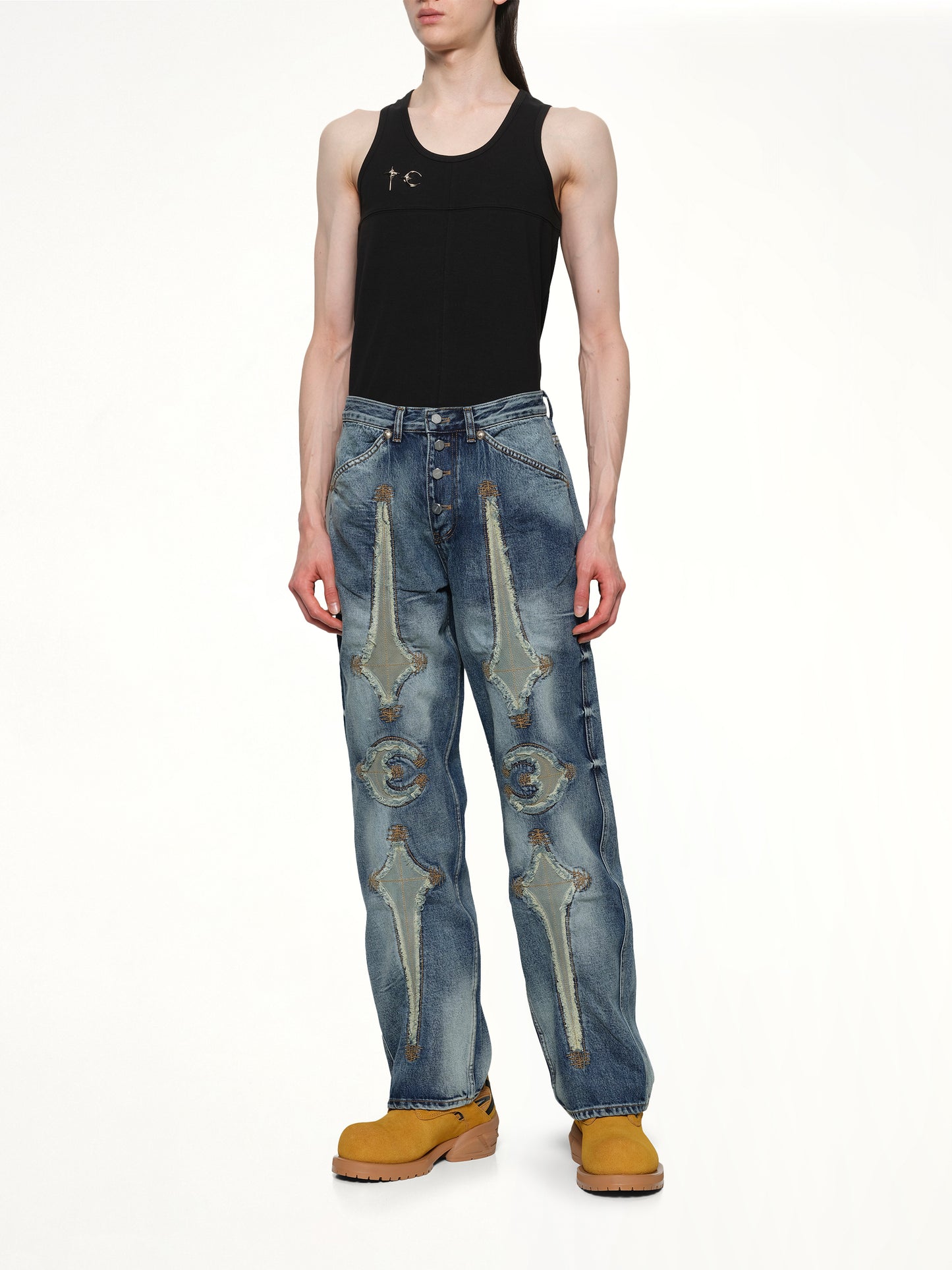 TC Bone Leather Denim Pants in Blue
