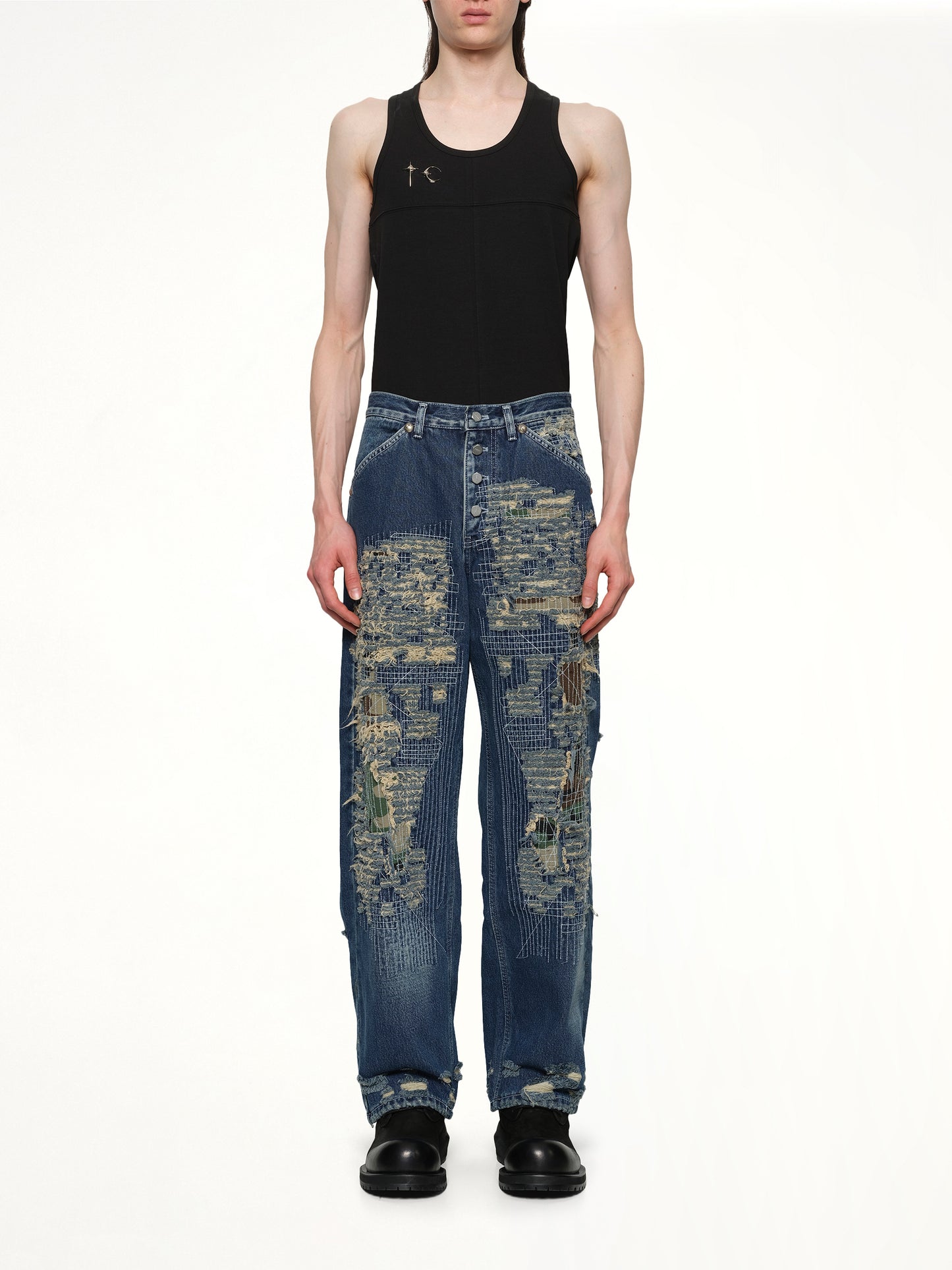 Vintage-Stitched Camo Denim Pants in Blue