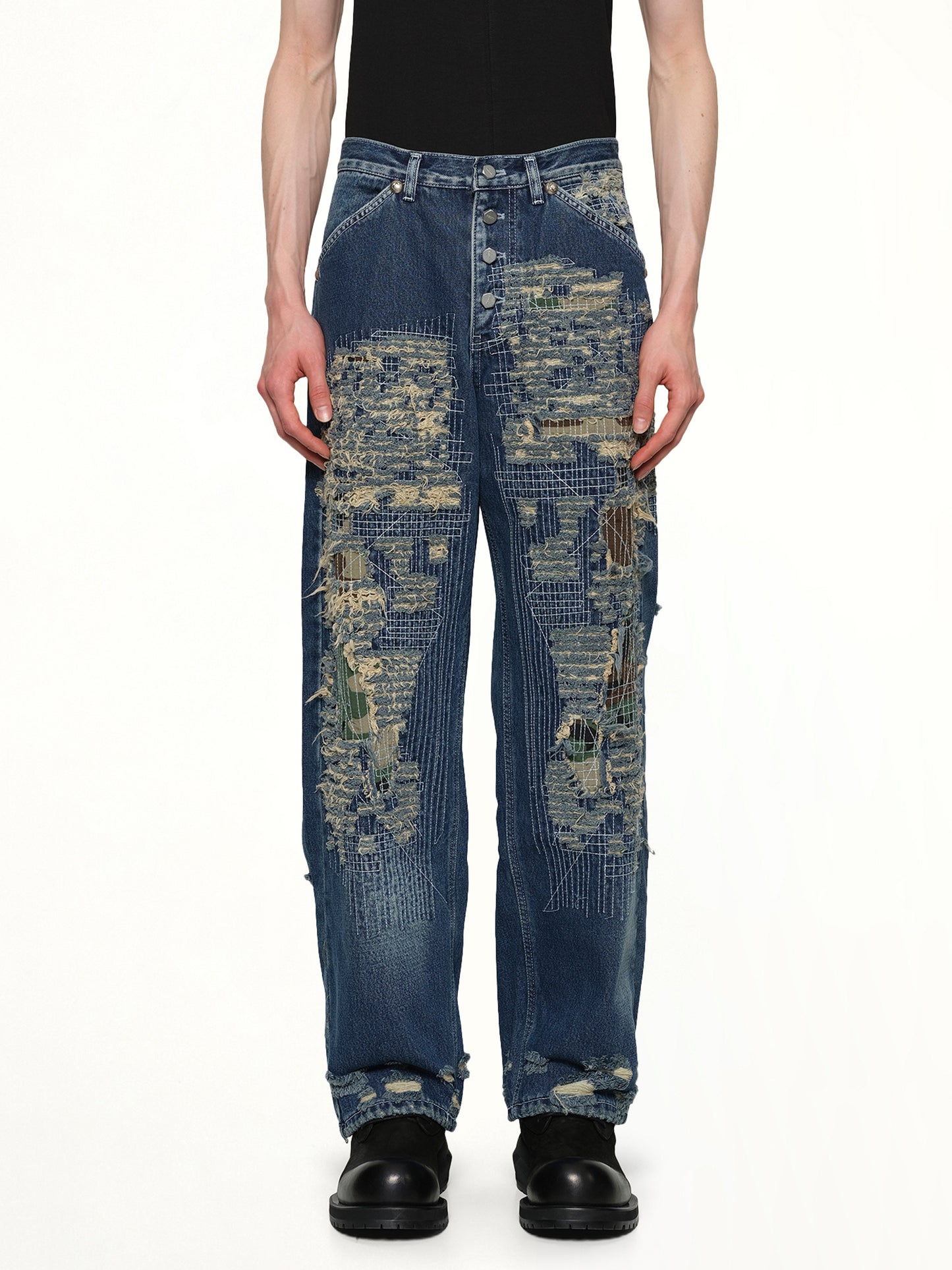 Vintage-Stitched Camo Denim Pants in Blue