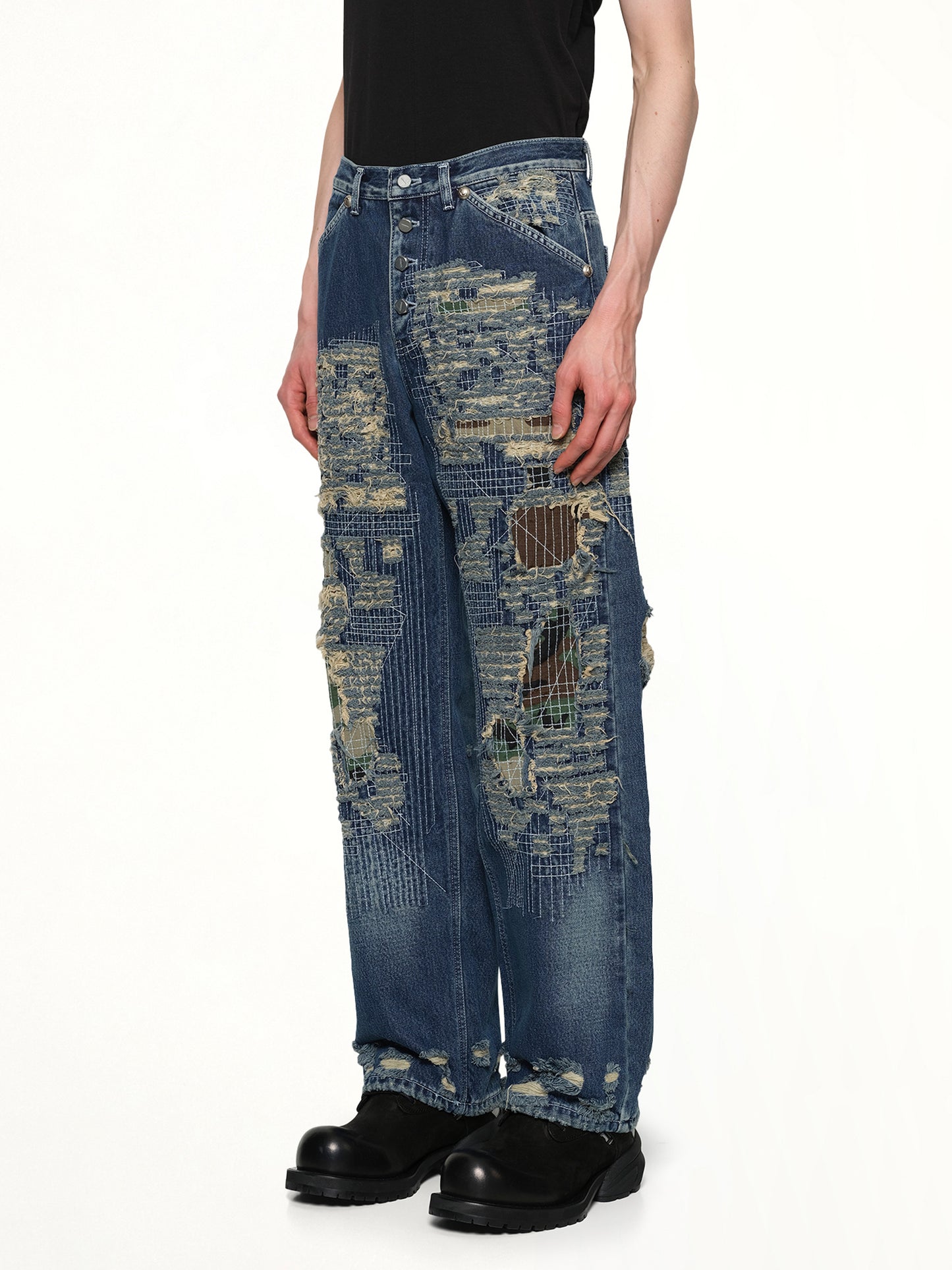 Vintage-Stitched Camo Denim Pants in Blue