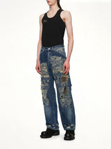 Vintage-Stitched Camo Denim Pants in Blue