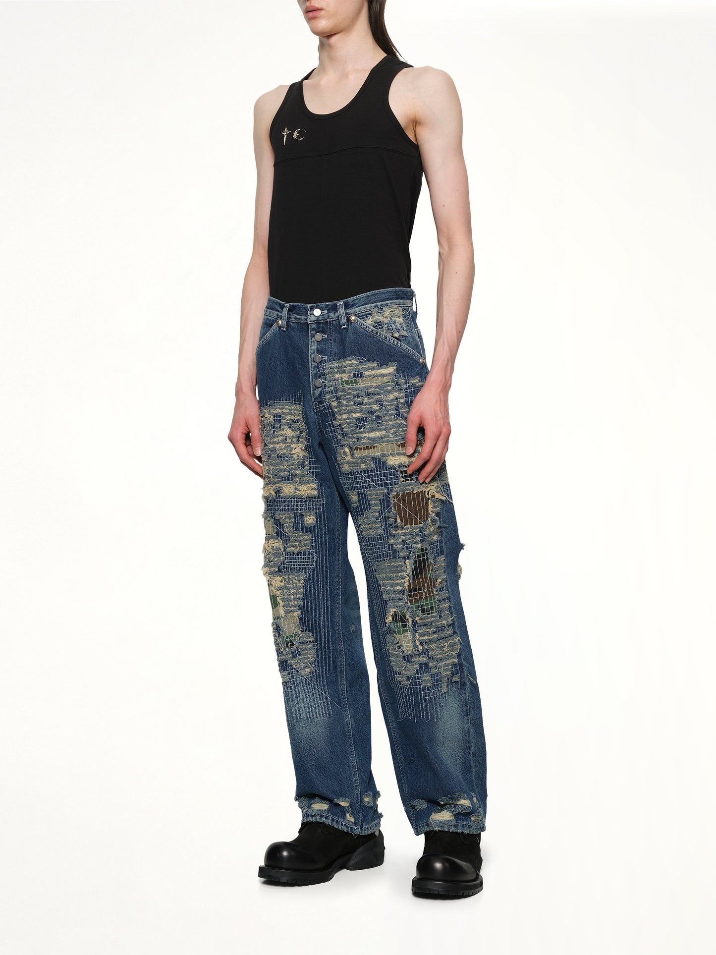 Vintage-Stitched Camo Denim Pants in Blue