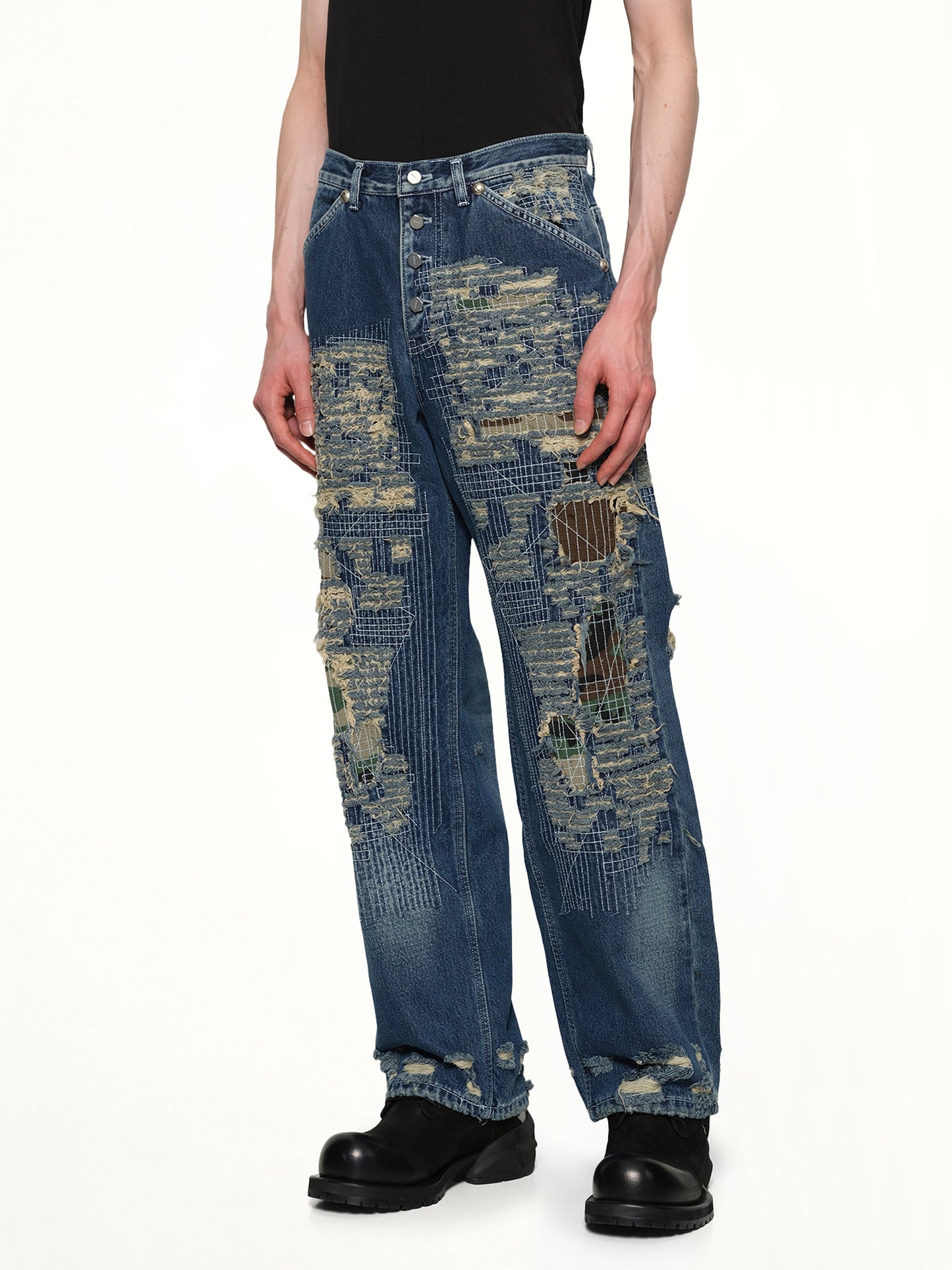 Vintage-Stitched Camo Denim Pants in Blue