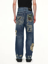 Vintage-Stitched Camo Denim Pants in Blue