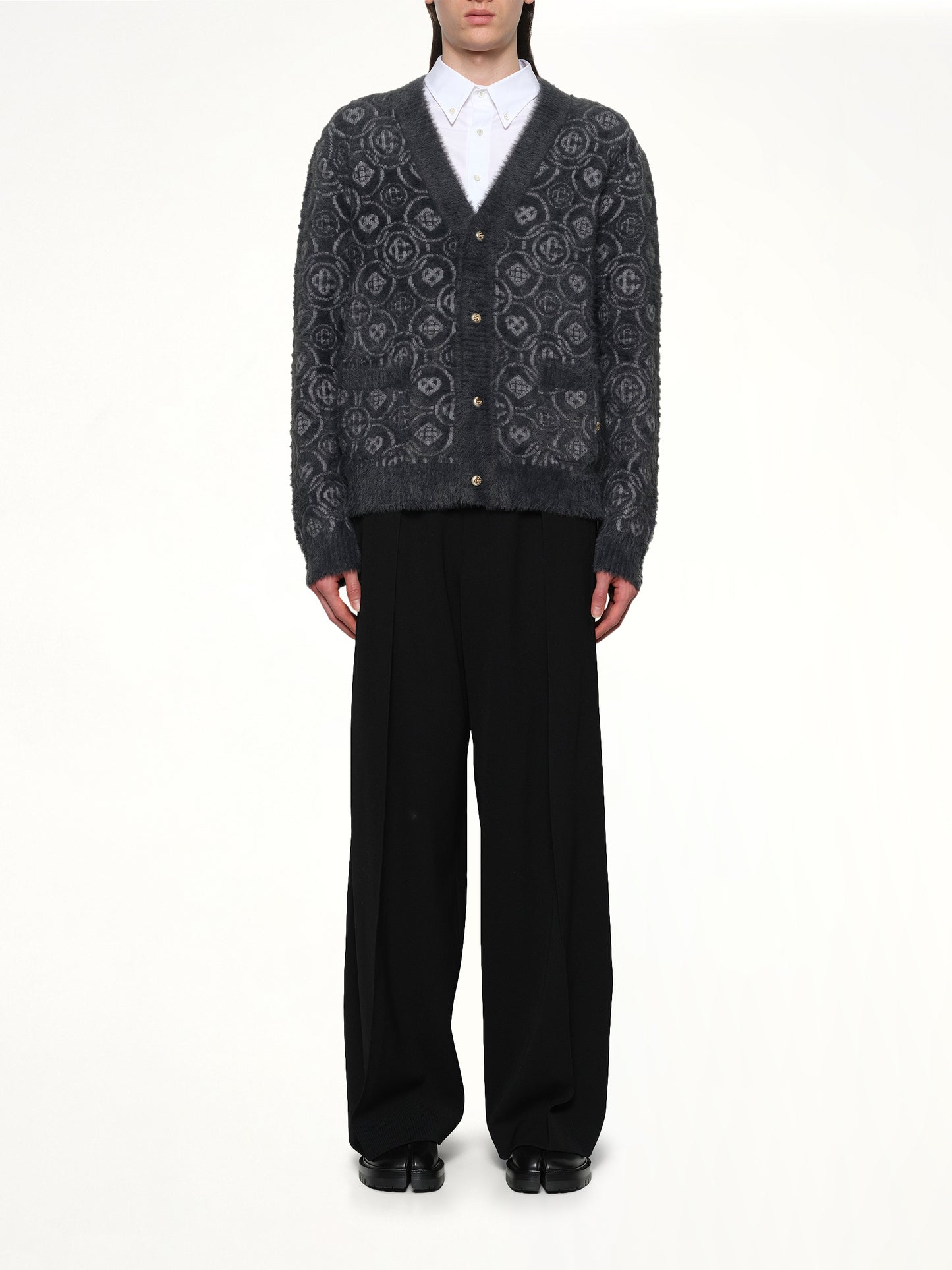 Fluffy Monogram Knit Cardigan in Grey