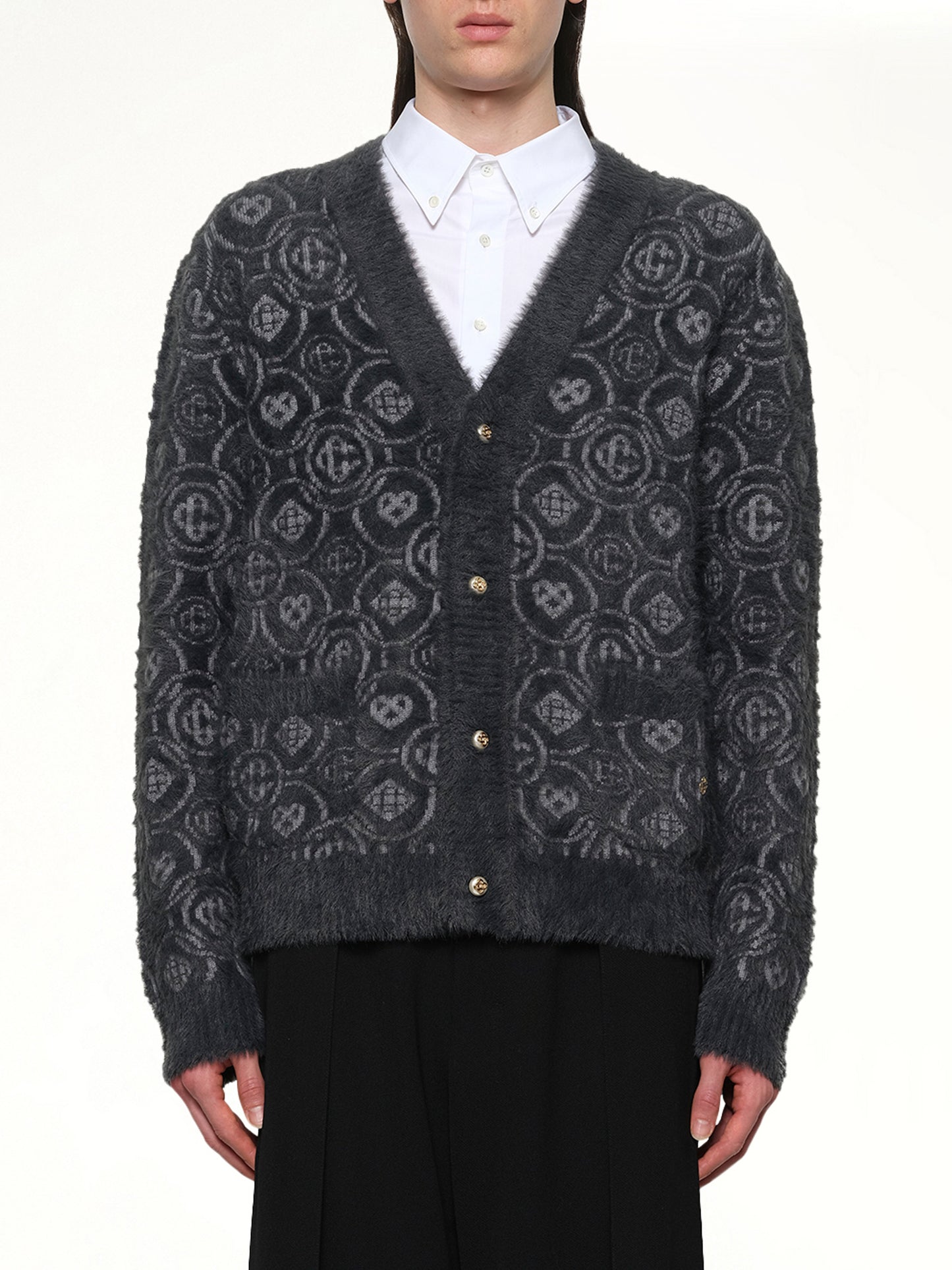 Fluffy Monogram Knit Cardigan in Grey