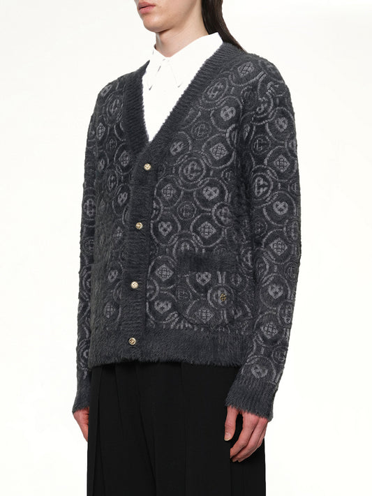 Fluffy Monogram Knit Cardigan in Grey
