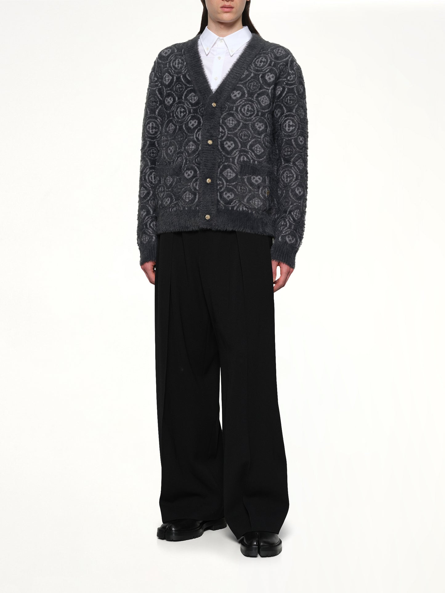 Fluffy Monogram Knit Cardigan in Grey