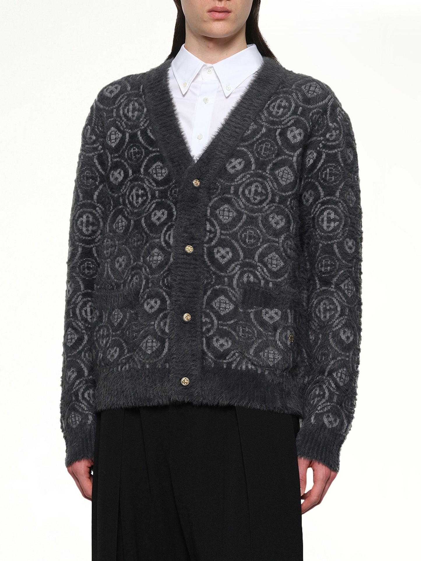 Fluffy Monogram Knit Cardigan in Grey