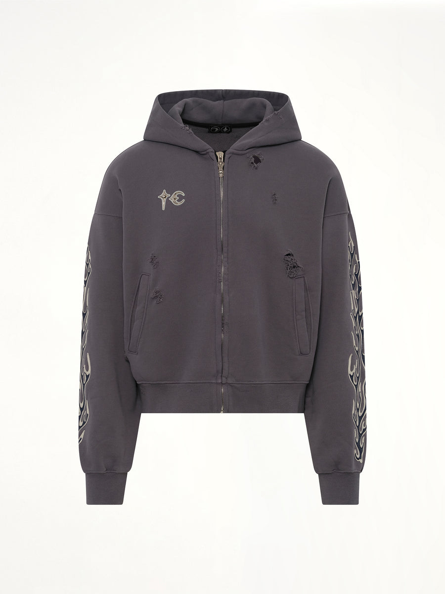 Leather Flame Hooded Zip-Up in Grey