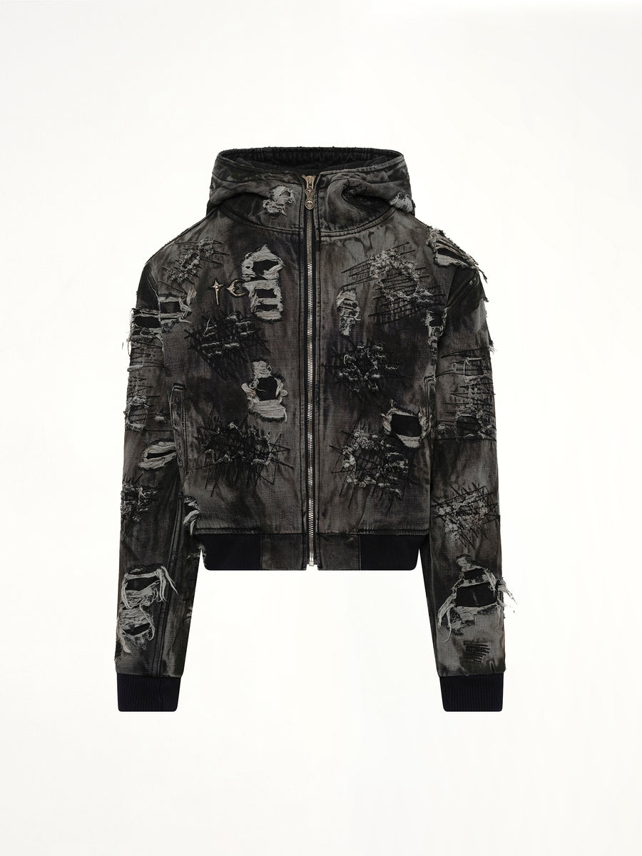 Hard-Washed Damaged Denim Hooded Zip-Up in Black