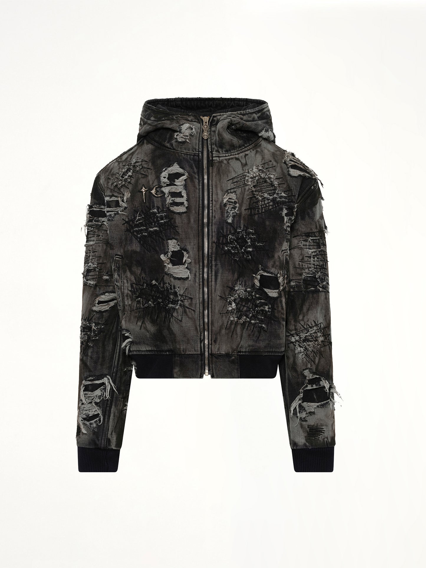 Hard-Washed Damaged Denim Hooded Zip-Up in Black