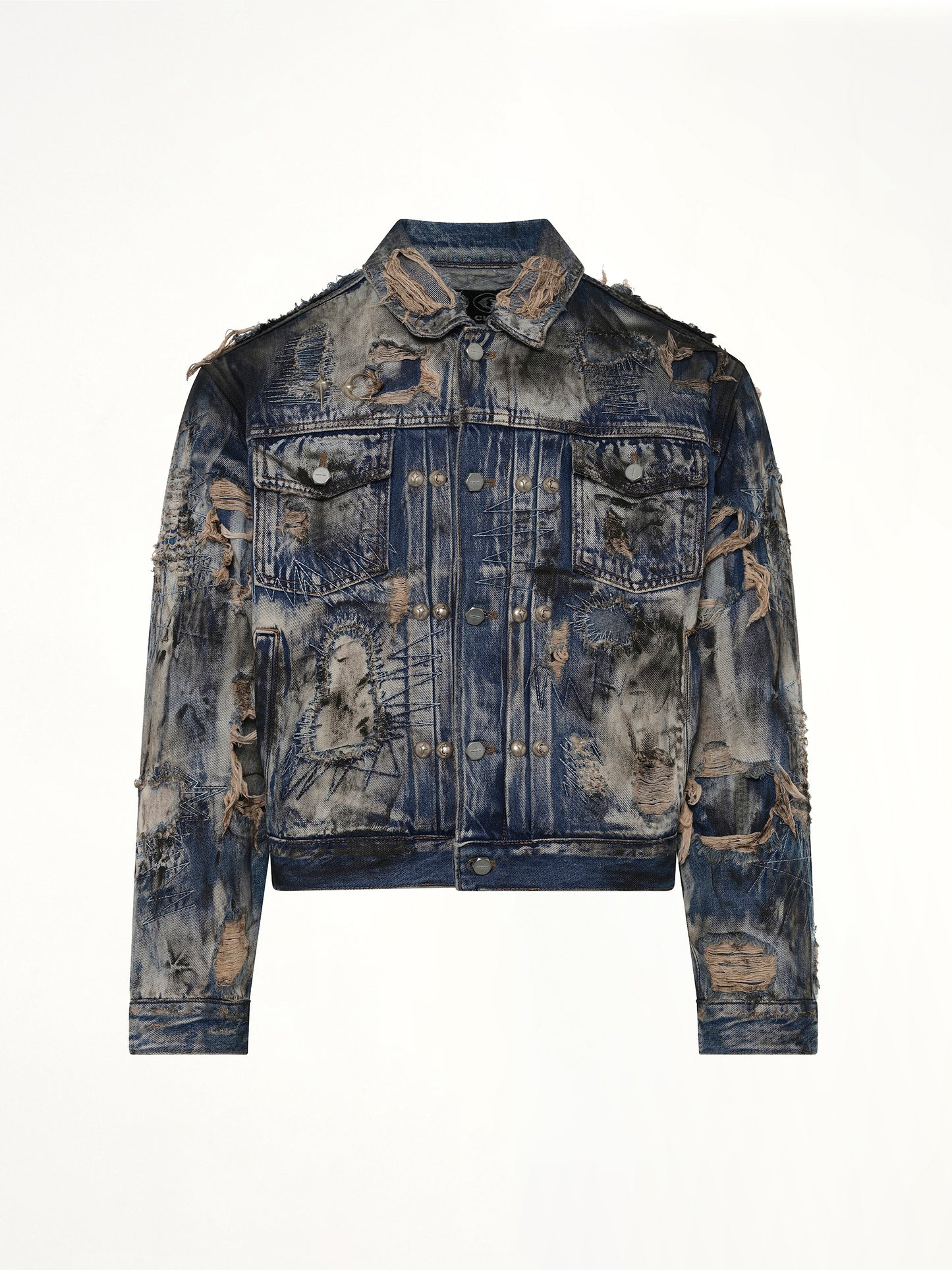 Hard-Washed Damaged Denim Jacket in Blue