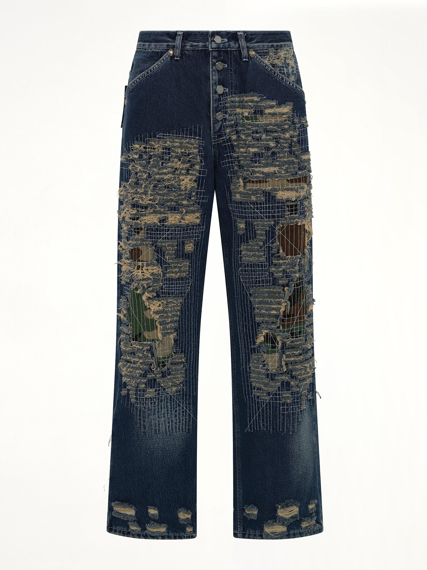 Vintage-Stitched Camo Denim Pants in Blue