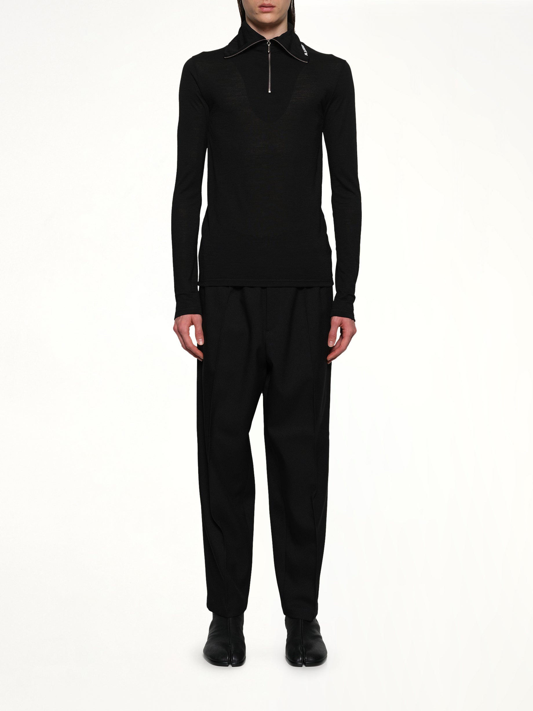 Zip Up High Neck Long Sleeve T-Shirt in Black