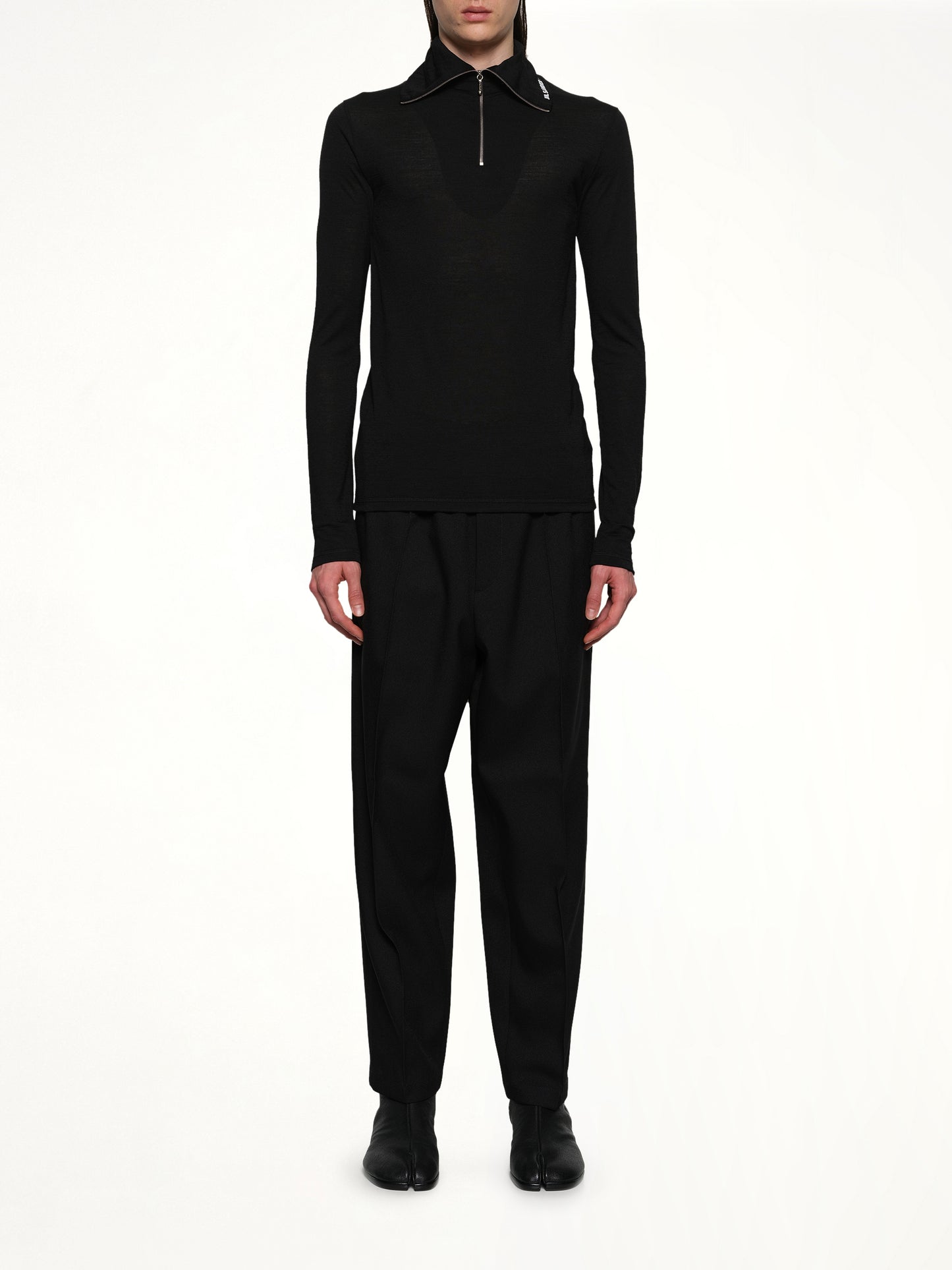 Zip Up High Neck Long Sleeve T-Shirt in Black