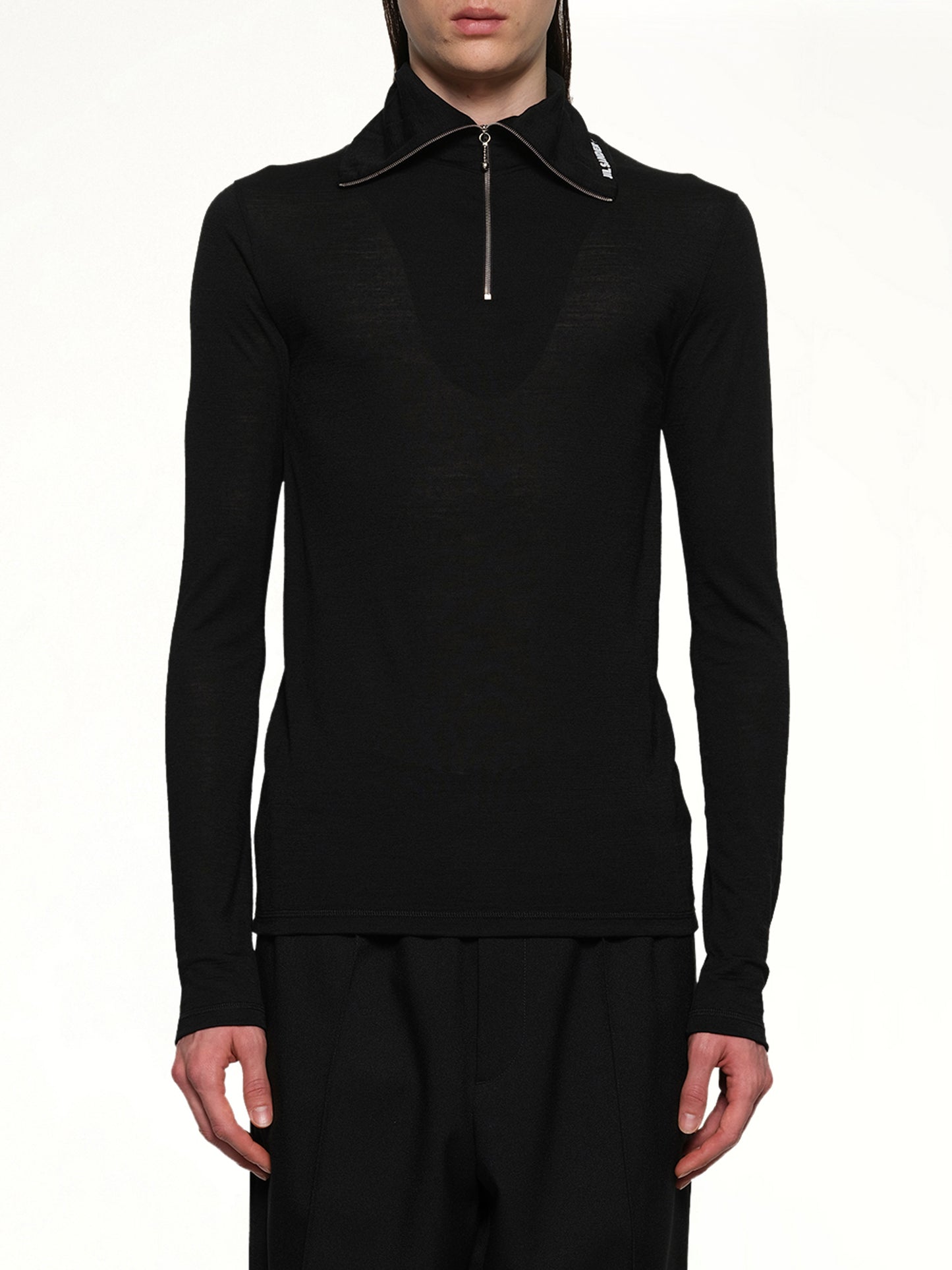 Zip Up High Neck Long Sleeve T-Shirt in Black