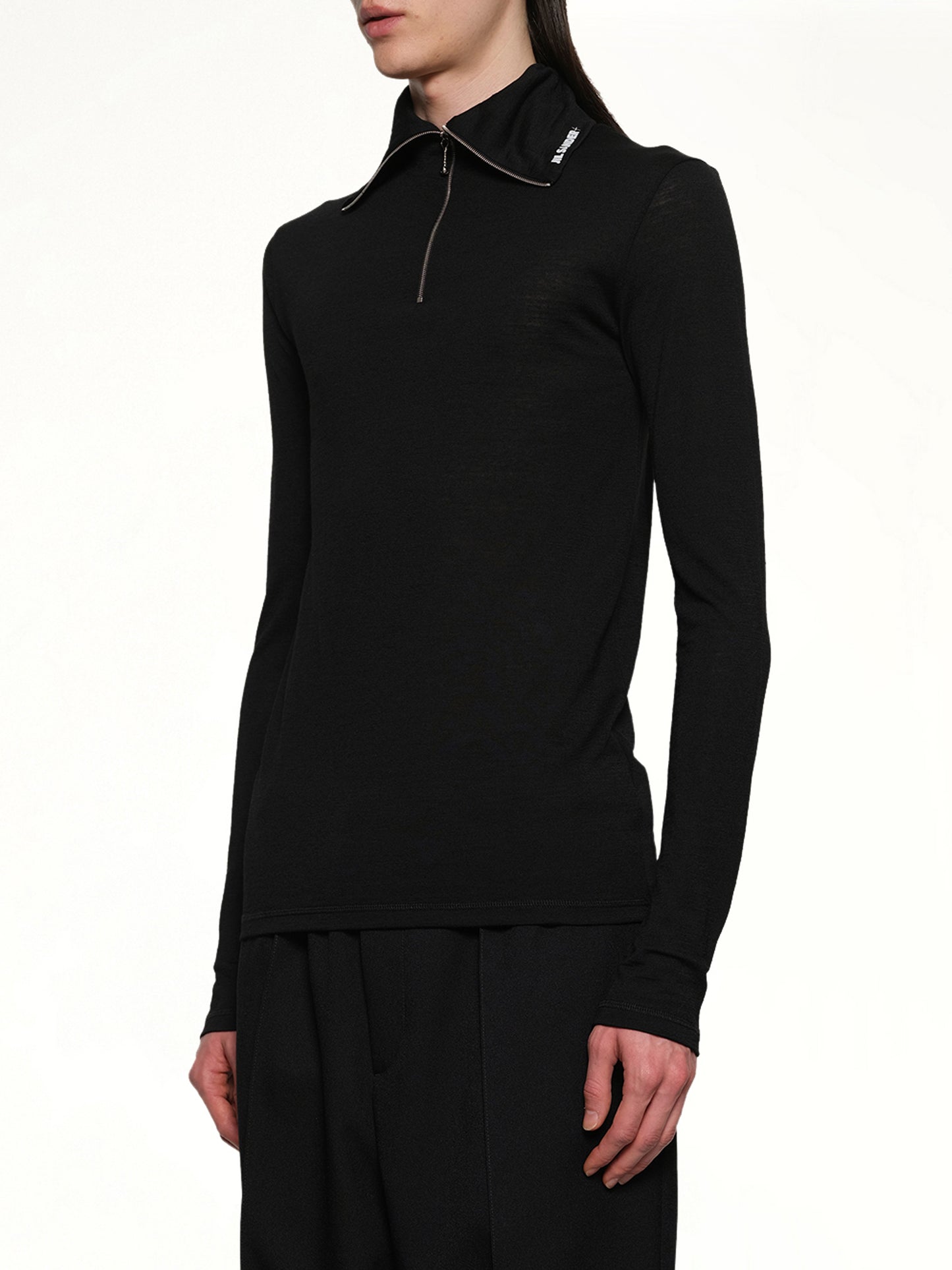 Zip Up High Neck Long Sleeve T-Shirt in Black