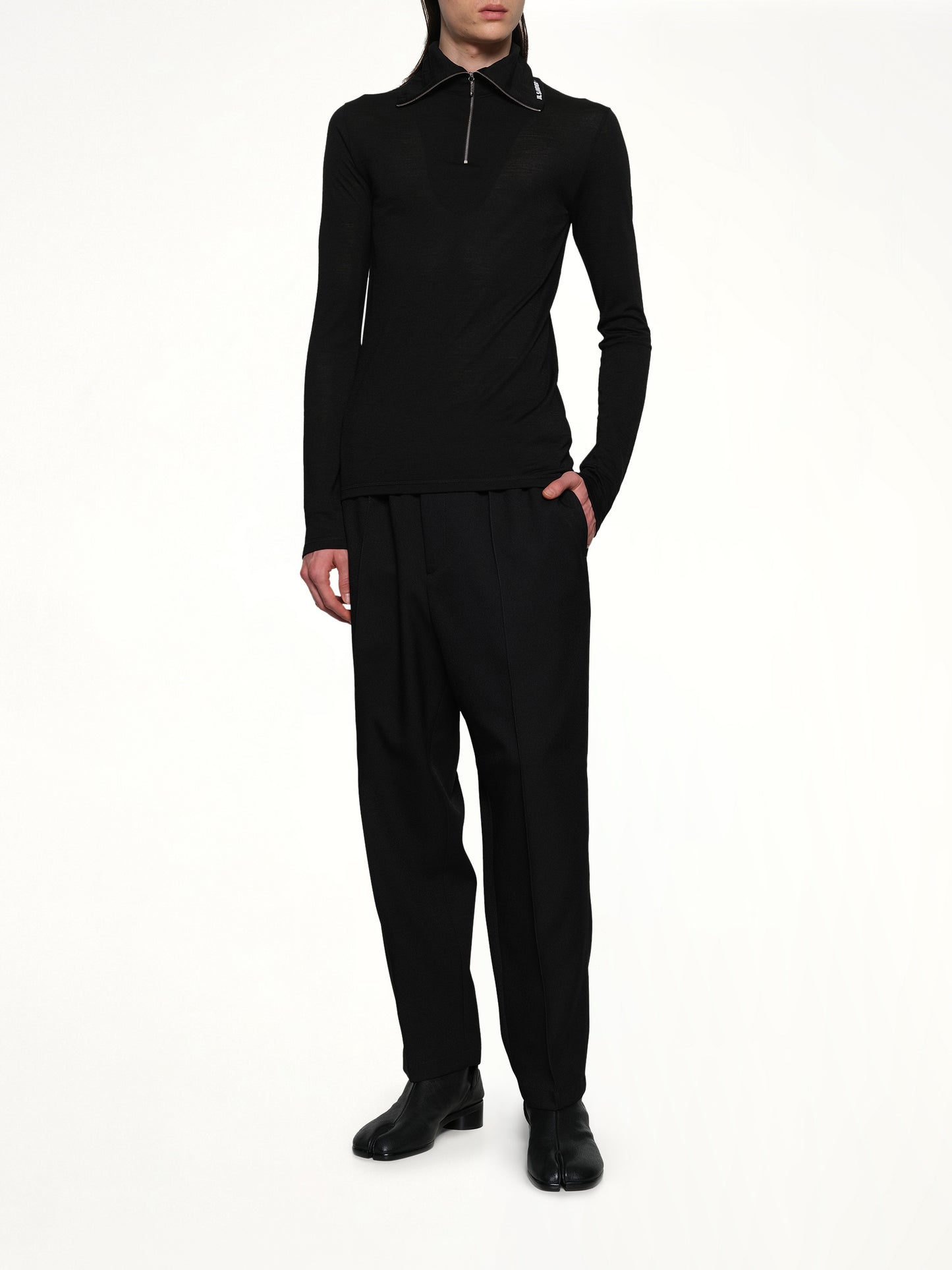 Zip Up High Neck Long Sleeve T-Shirt in Black