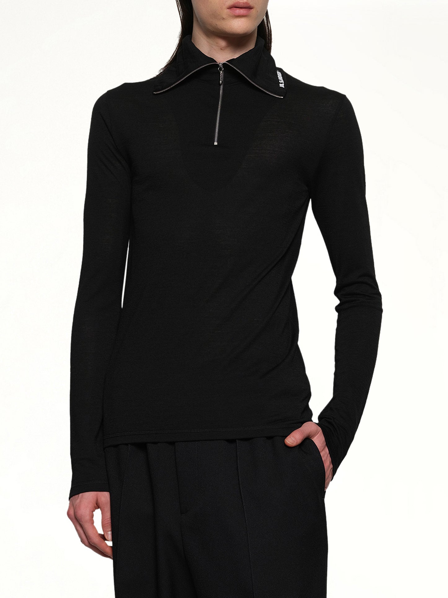 Zip Up High Neck Long Sleeve T-Shirt in Black