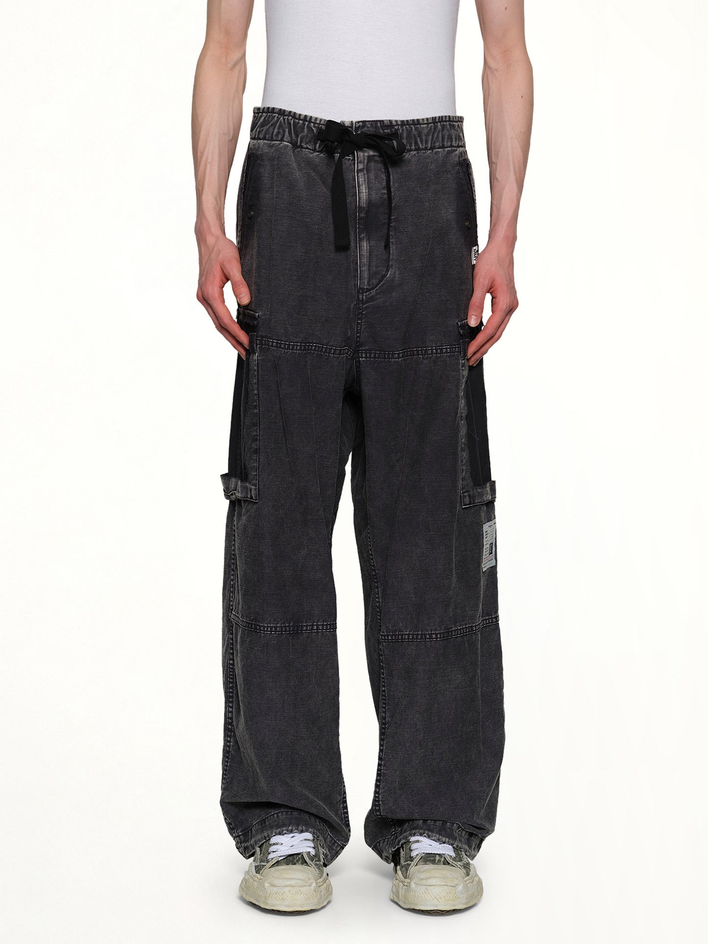 Cotton Satin Cargo Trousers in Black