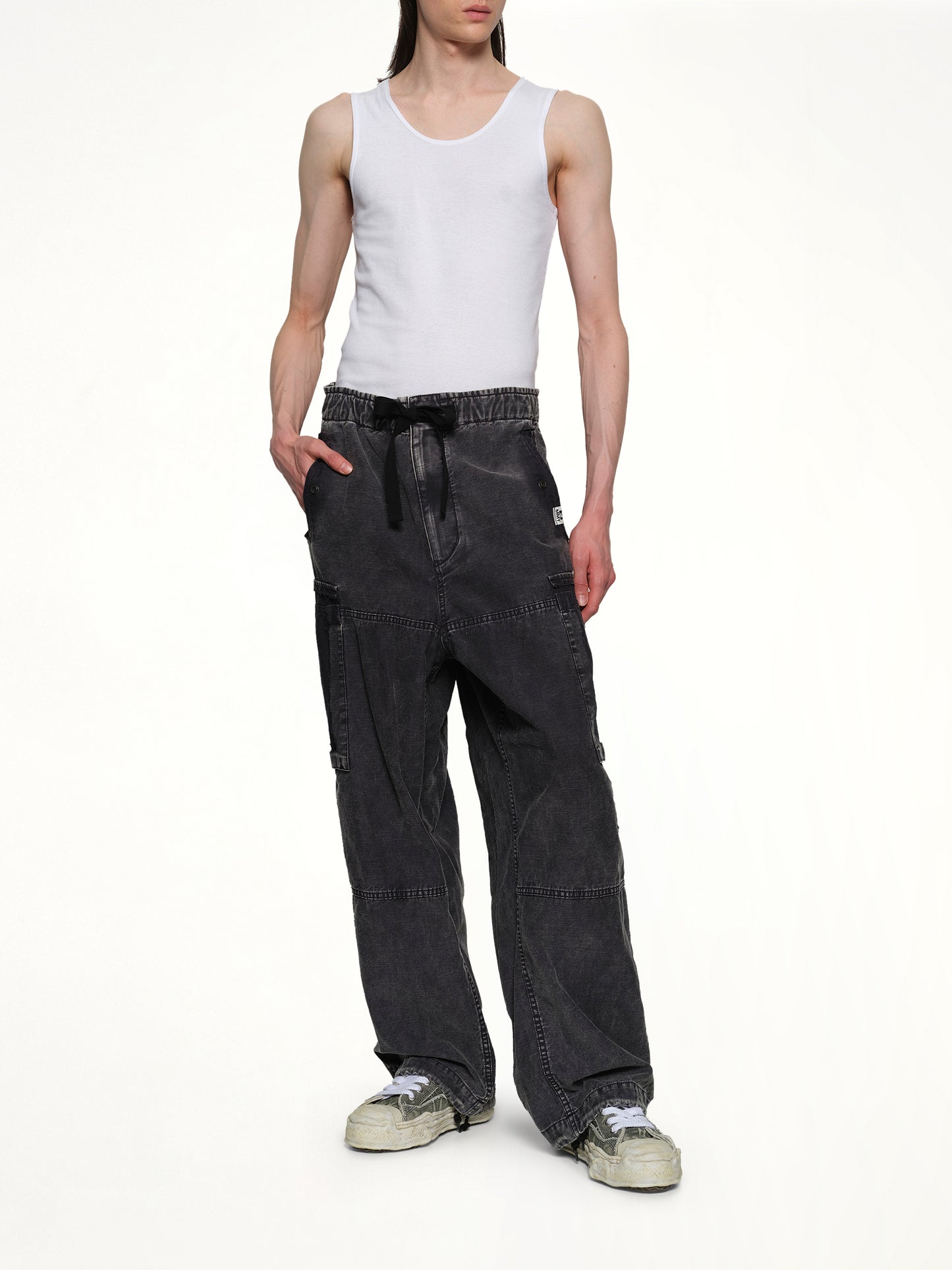 Cotton Satin Cargo Trousers in Black