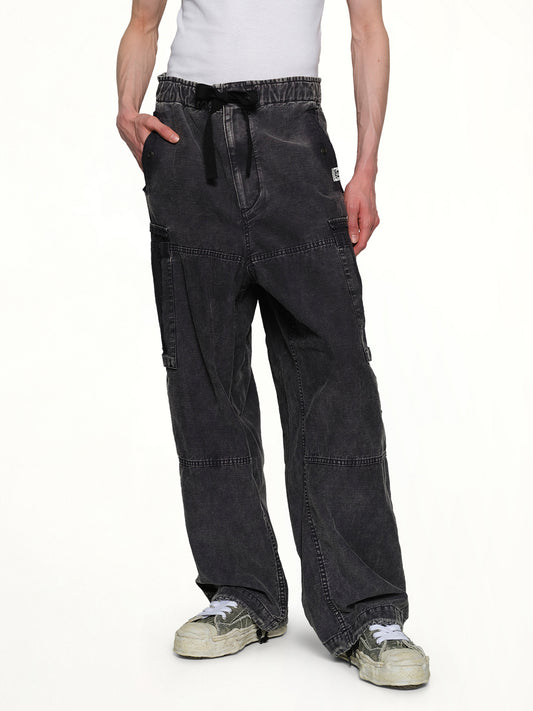 Cotton Satin Cargo Trousers in Black