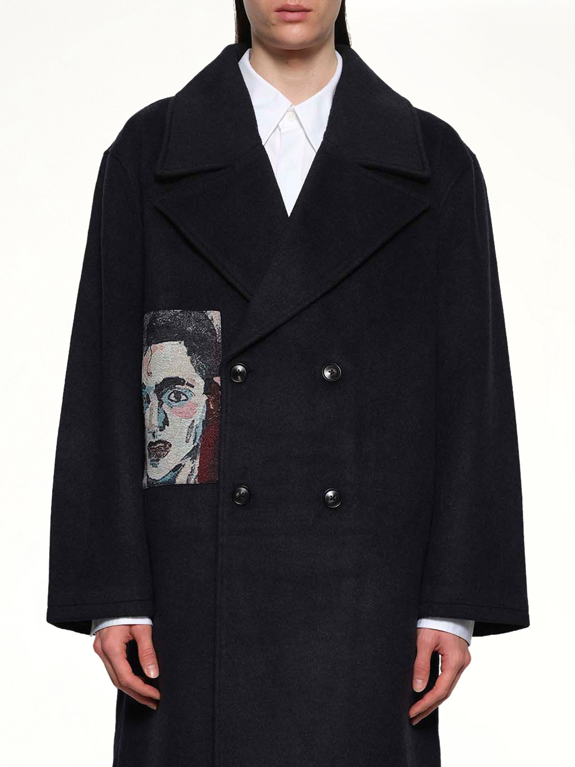 Jacquard Patches Wool Overcoat in Navy