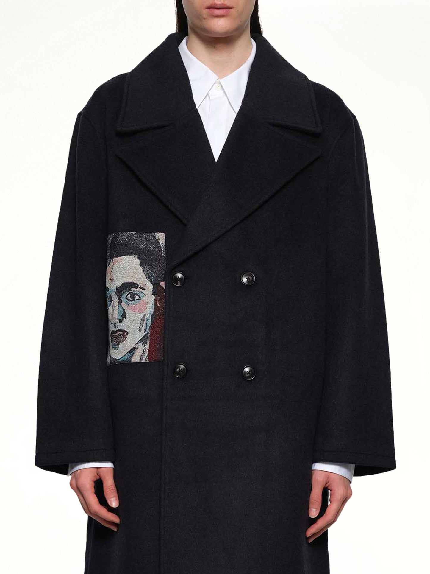 Jacquard Patches Wool Overcoat in Navy