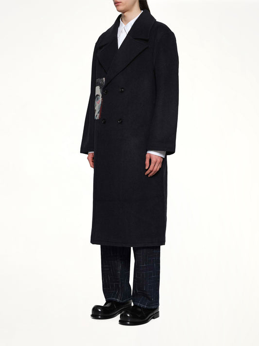 Jacquard Patches Wool Overcoat in Navy