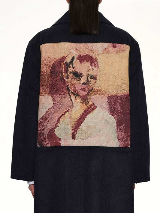 Jacquard Patches Wool Overcoat in Navy