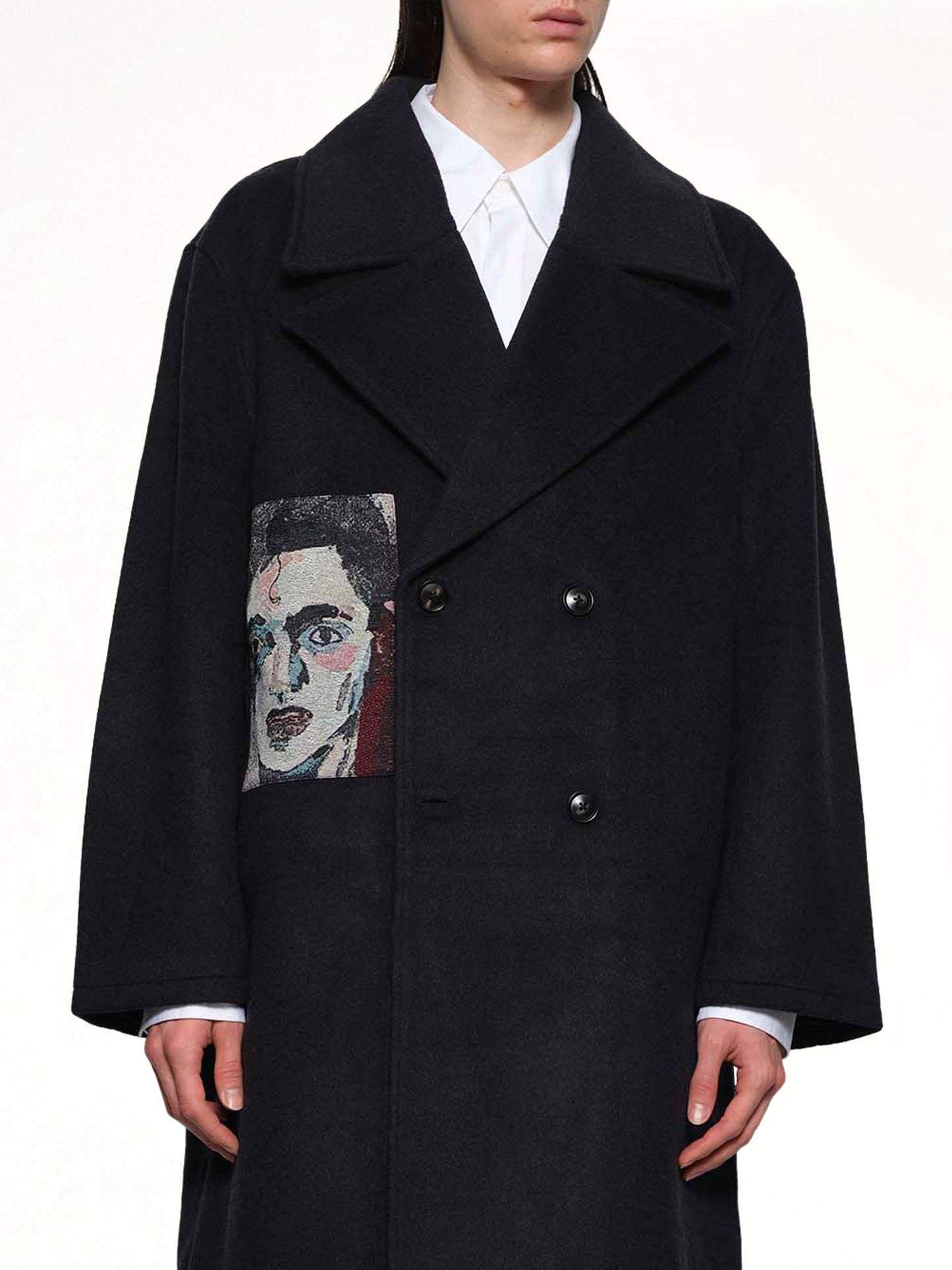 Jacquard Patches Wool Overcoat in Navy