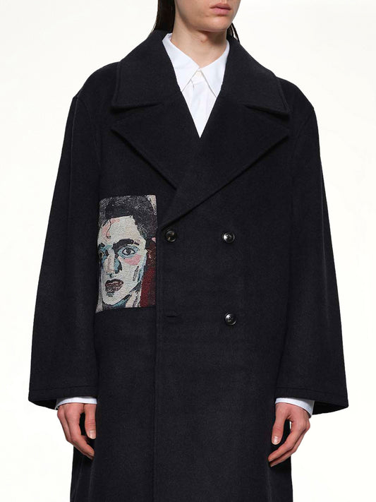 Jacquard Patches Wool Overcoat in Navy