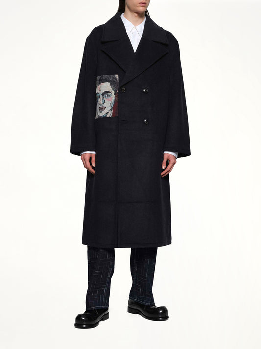 Jacquard Patches Wool Overcoat in Navy
