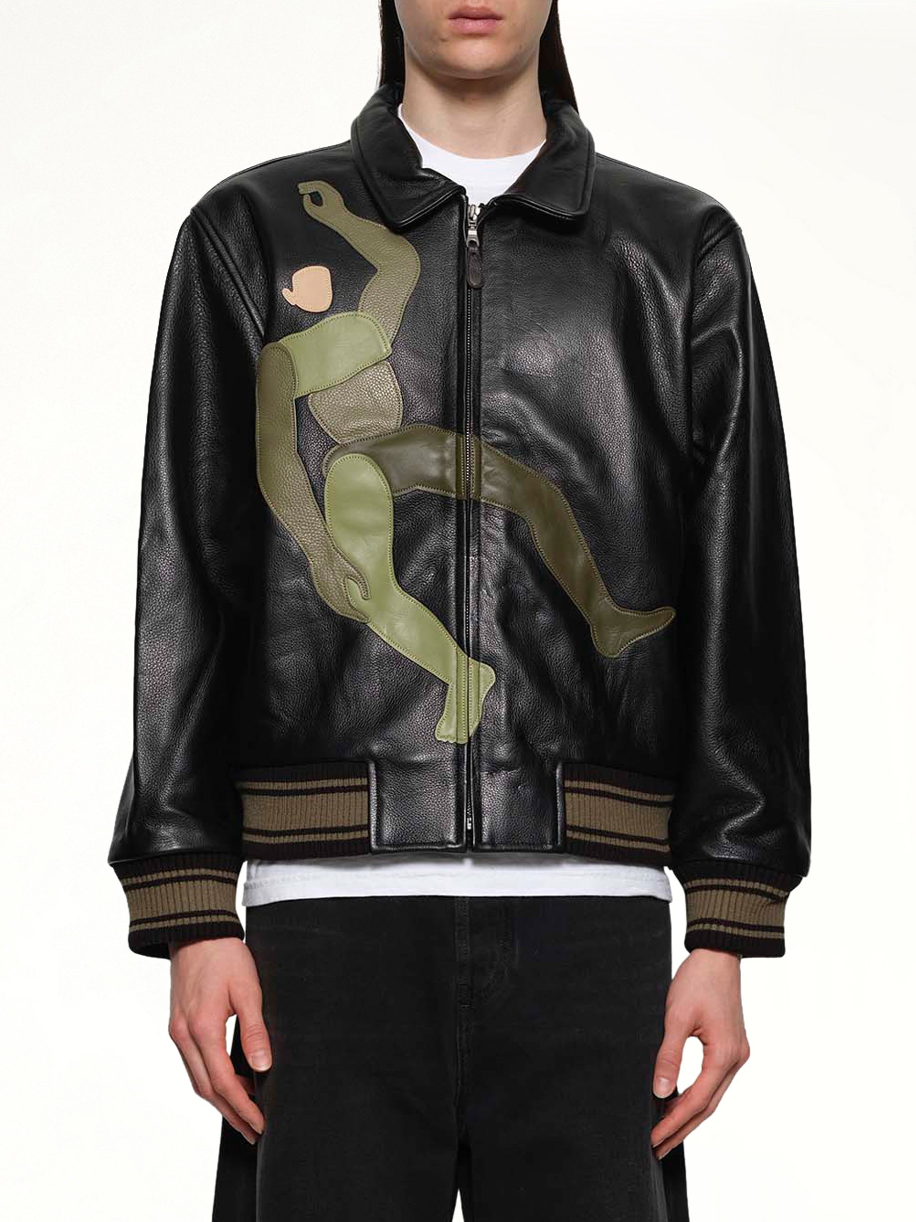 Falling Guy Soft Lether Varsity Jacket in Black