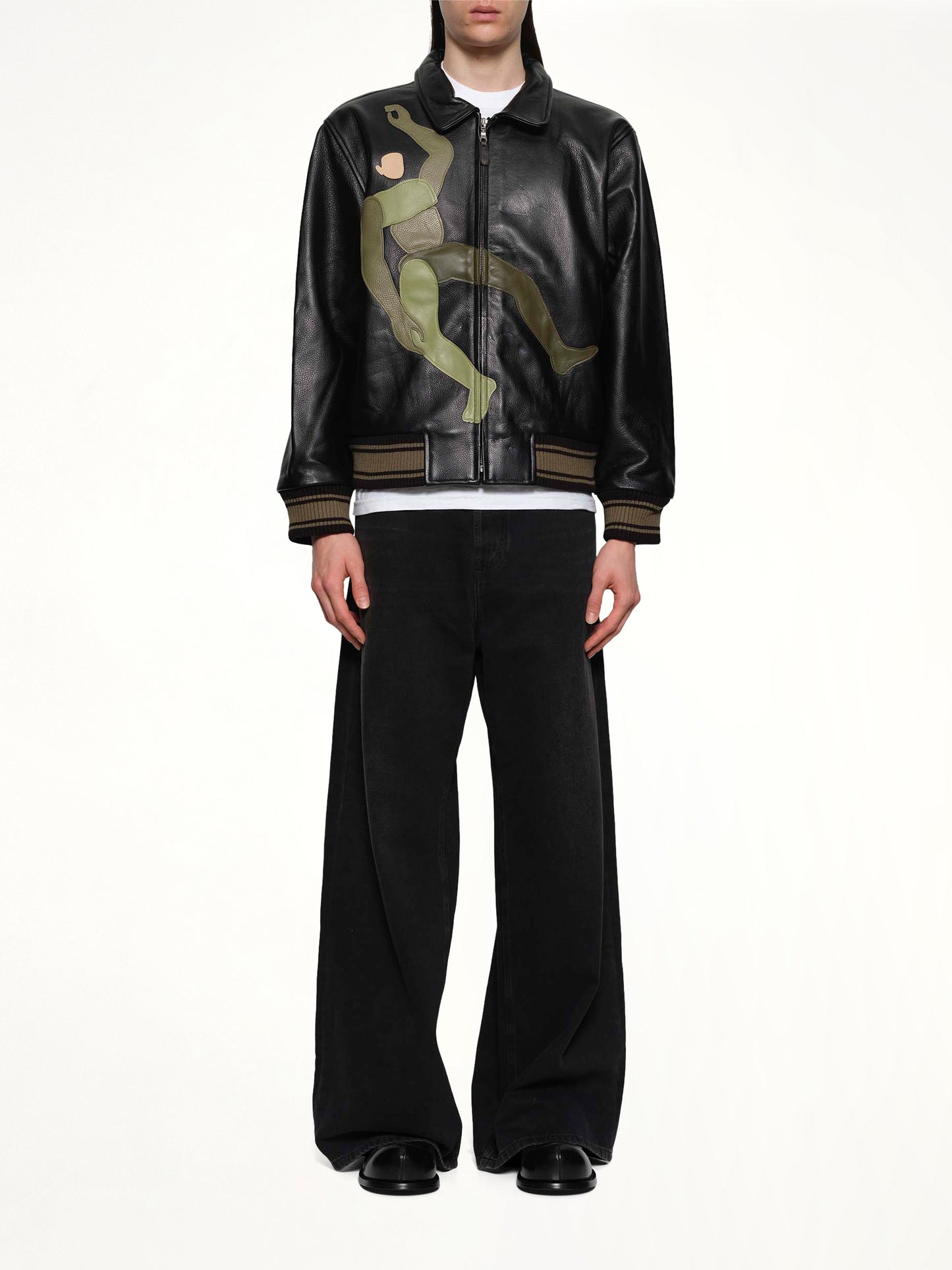 Falling Guy Soft Lether Varsity Jacket in Black