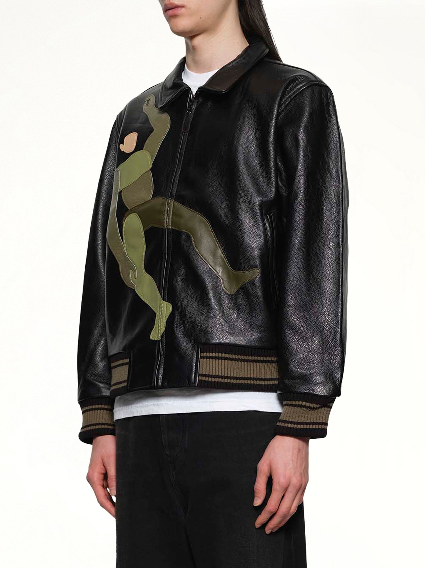 Falling Guy Soft Lether Varsity Jacket in Black