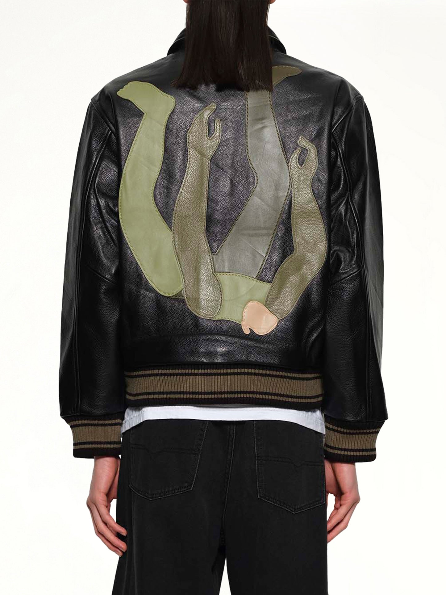 Falling Guy Soft Lether Varsity Jacket in Black