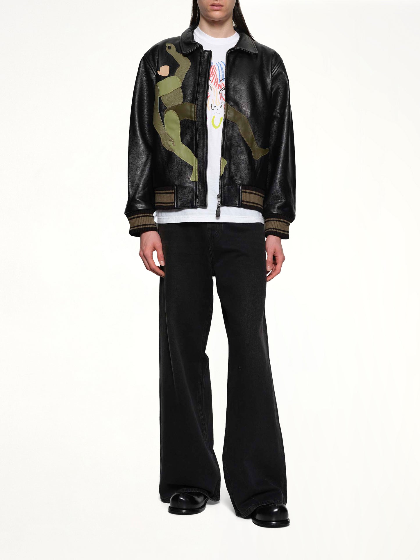 Falling Guy Soft Lether Varsity Jacket in Black