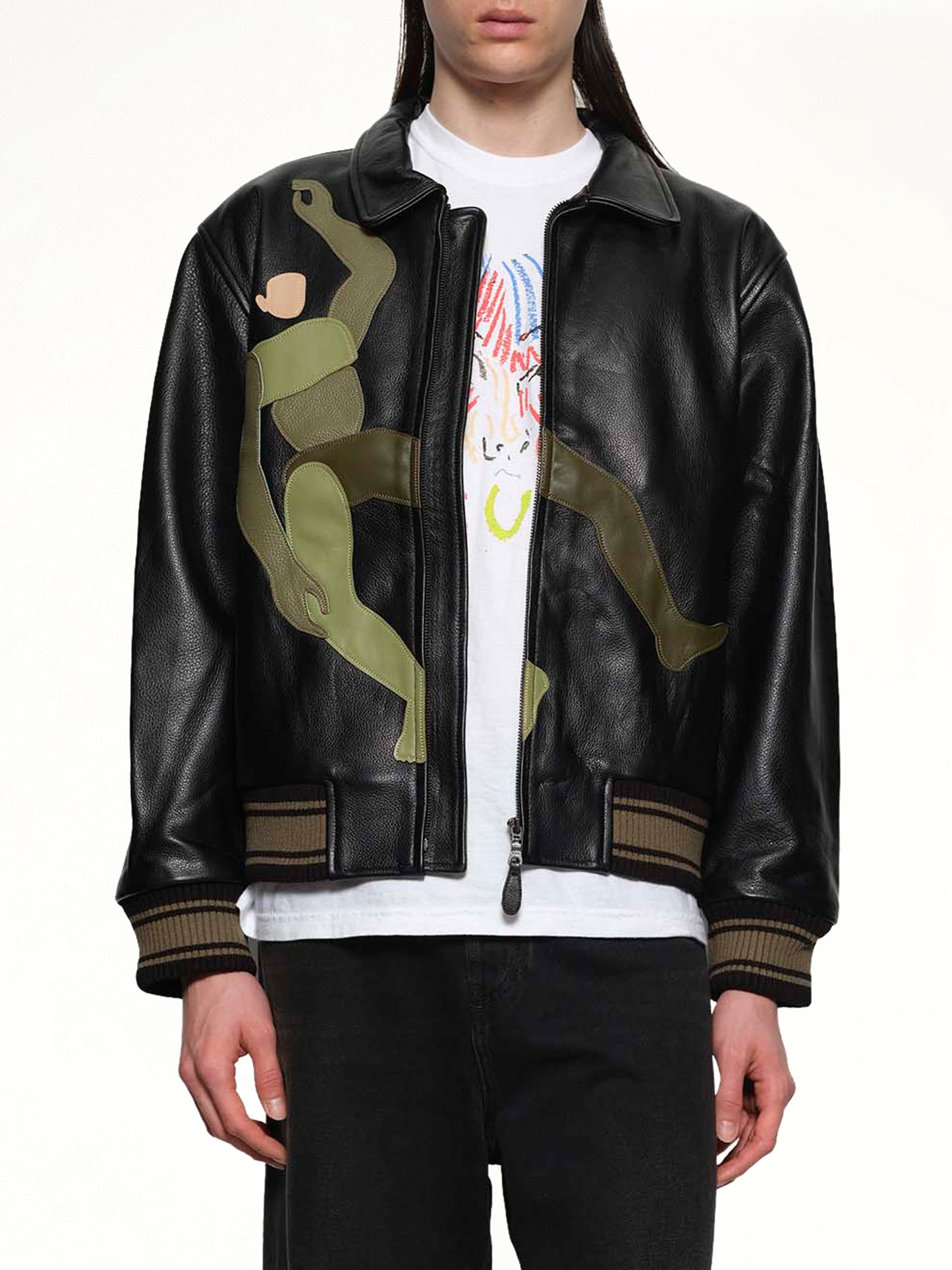 Falling Guy Soft Lether Varsity Jacket in Black