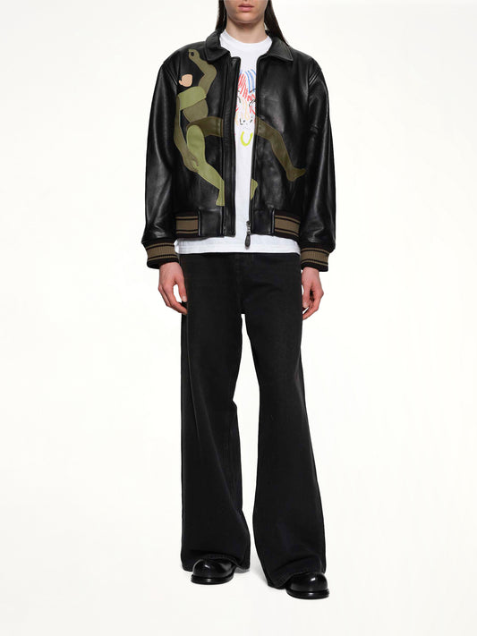 Falling Guy Soft Lether Varsity Jacket in Black