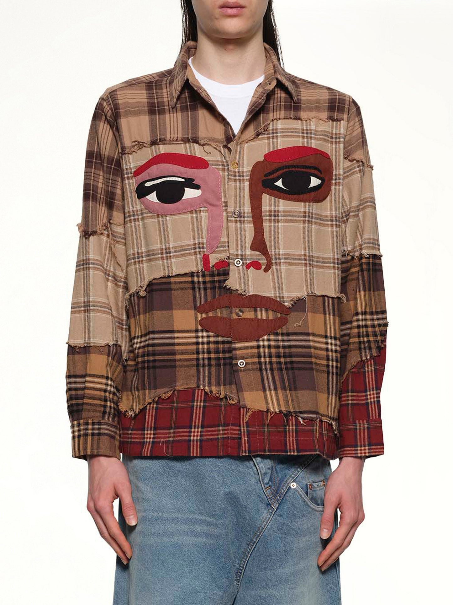 Face Patchworked Flannel Shirt in Brown