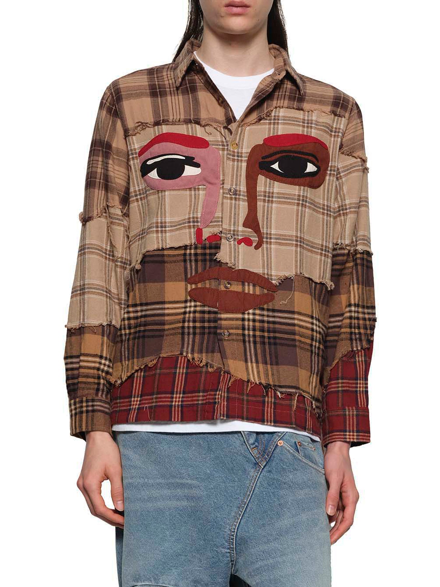 Face Patchworked Flannel Shirt in Brown
